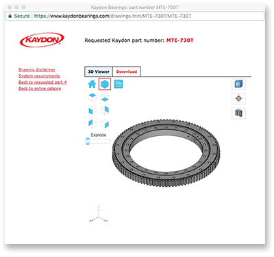 2D & 3D model downloads window - slewing ring bearings